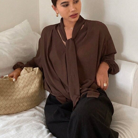 Brown Casual Women's Loose Long Sleeve Tie Shirt Blouse - Picture 7 of 10